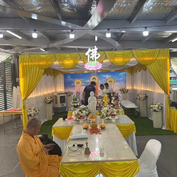 Funeral parlour hall prepared for a Buddhist wake