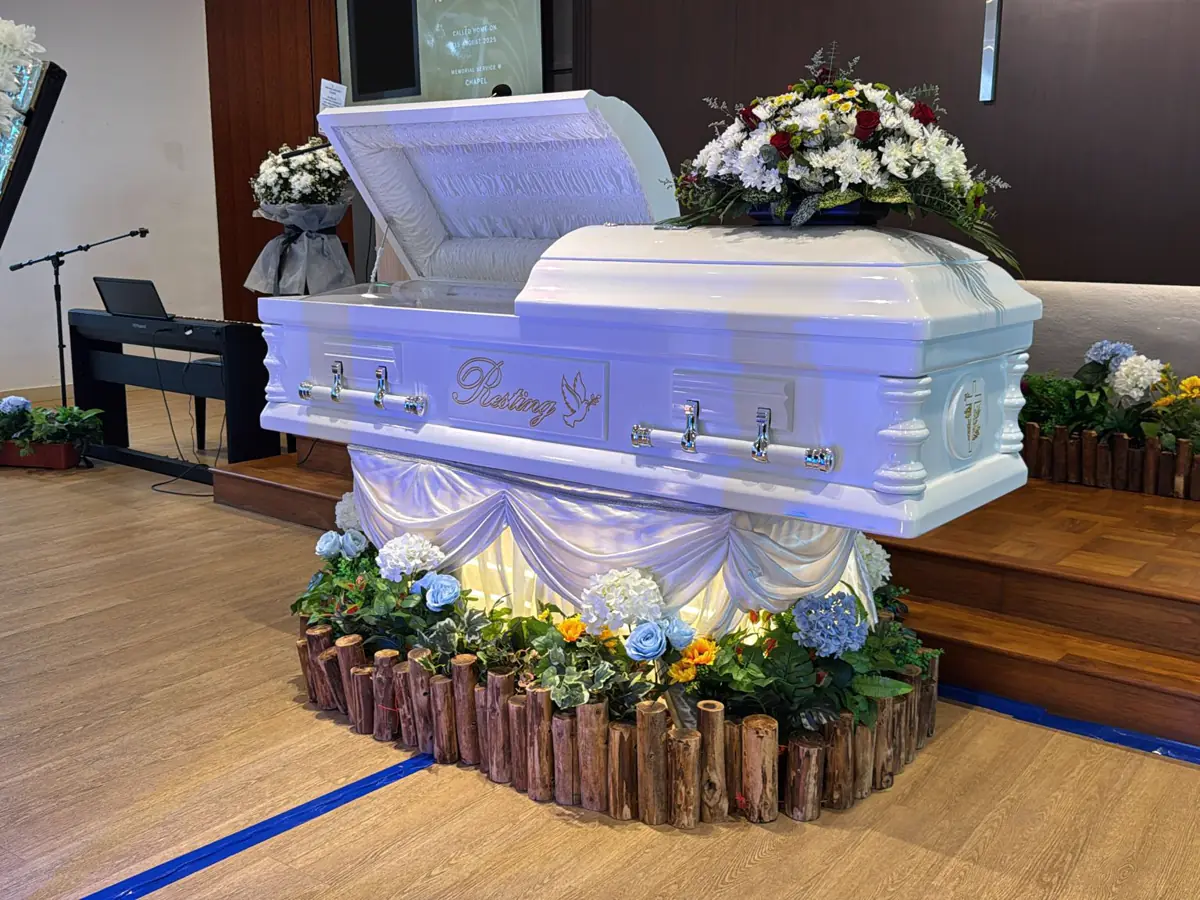 A casket prepared for a Christian wake in Singapore