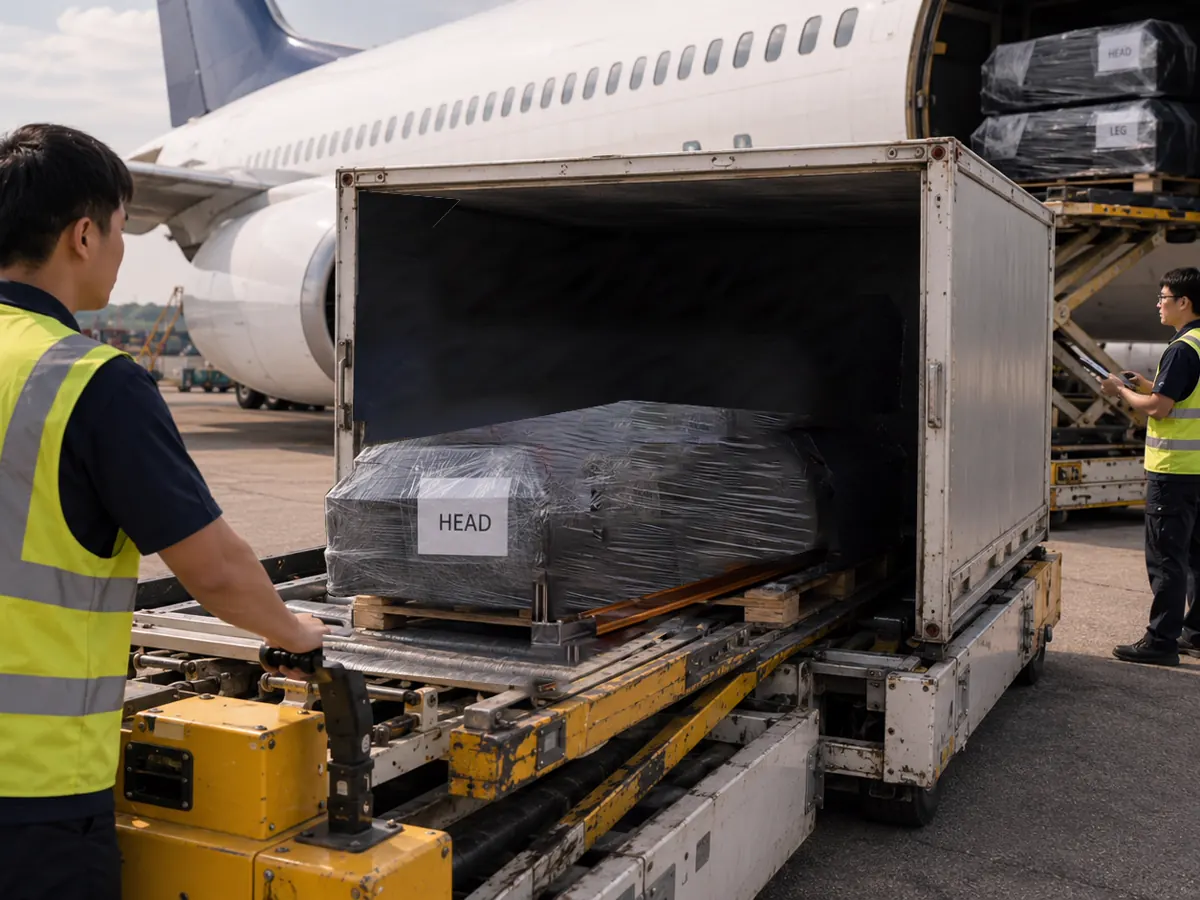 A casket being loaded into an aircraft hold for repatriation from Singapore