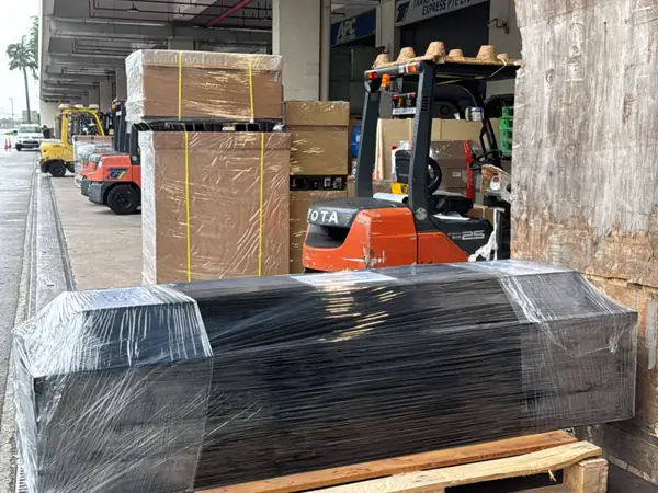A sealed casket prepared for air freight