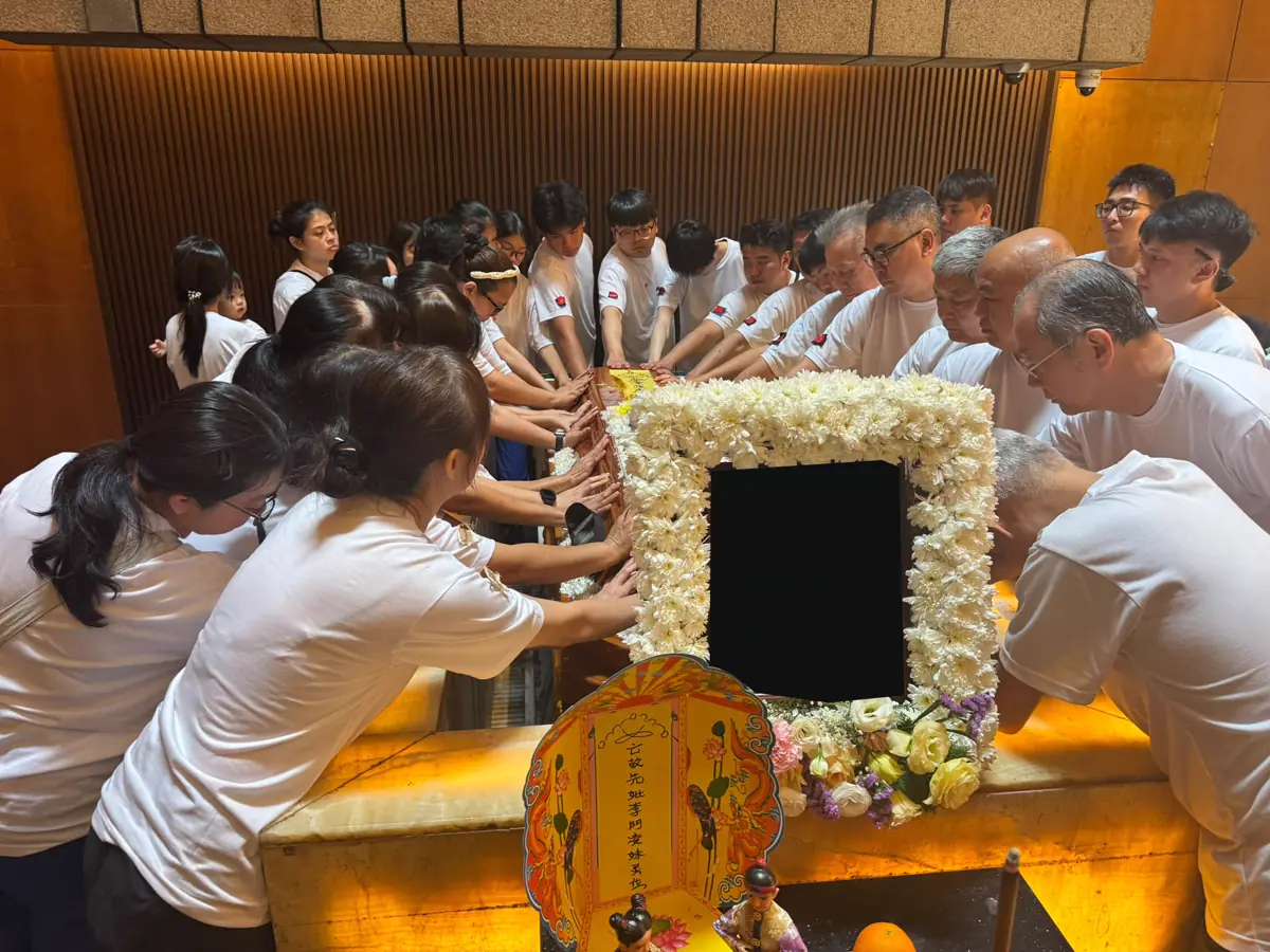 A casket prepared for a Taoist wake in Singapore